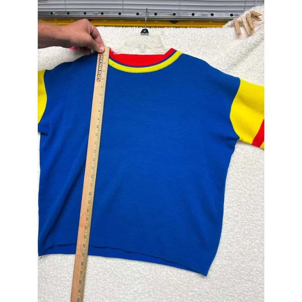 Vintage Color Block Knit Sweater Blue Yellow Red Striped Crewneck Mens XL
